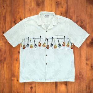 Pacific Legend Guitar Stars Stripes White Button Down Aloha Shirt 2XL Hawai Mens